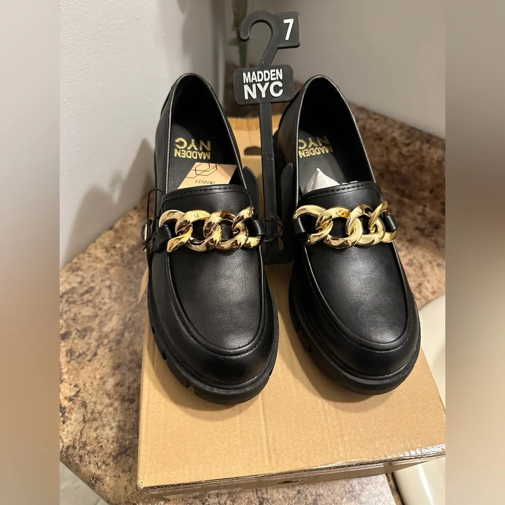 Women's Black Loafers with Gold Chain - Picture 2 of 8